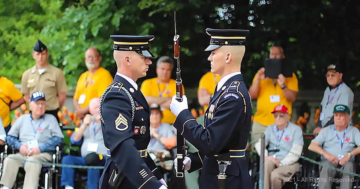 Two uniformed soldiers in a formal military ceremony, one saluting the other.
