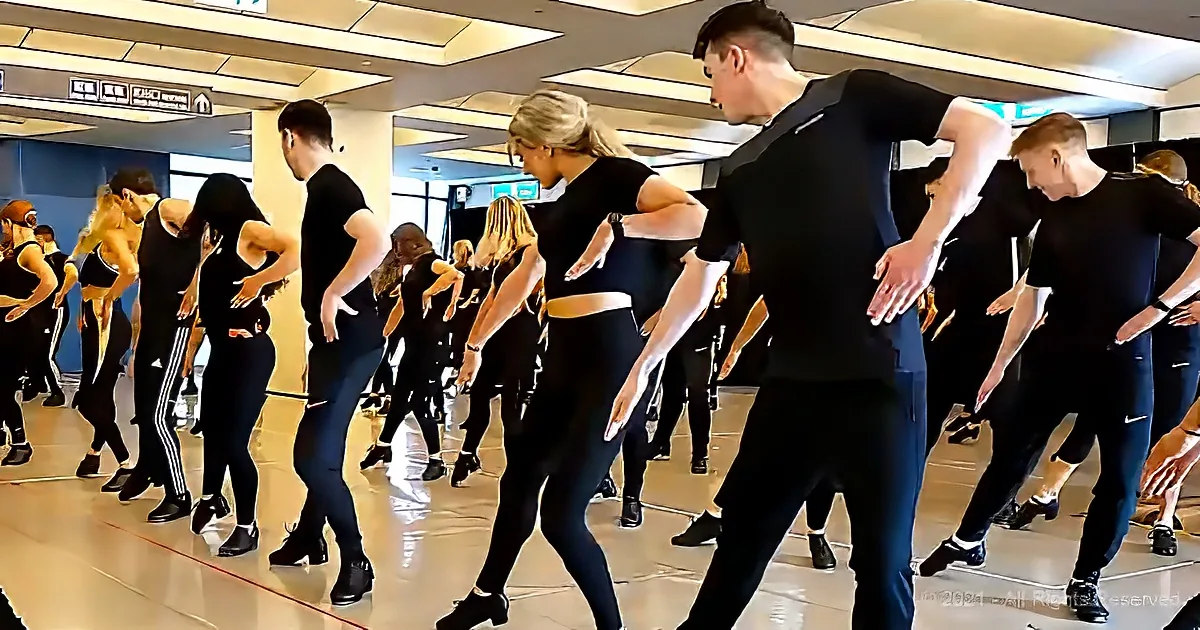 A group of people in black attire are dancing in a studio with a reflective floor.
