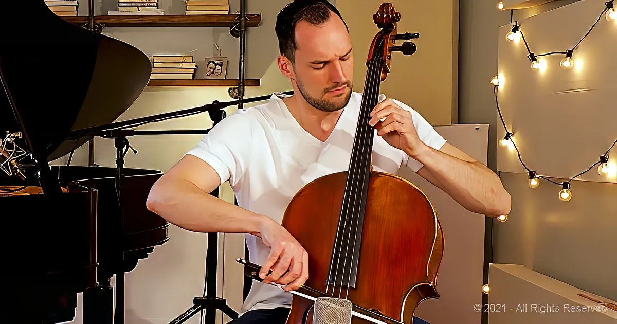 A man in a white shirt plays a cello in a cozy room with string lights and a piano.