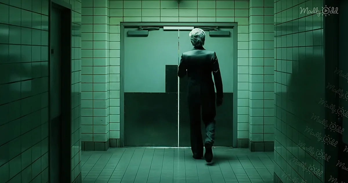 A man in a suit walks towards a closed elevator in a dimly lit, tiled hallway.