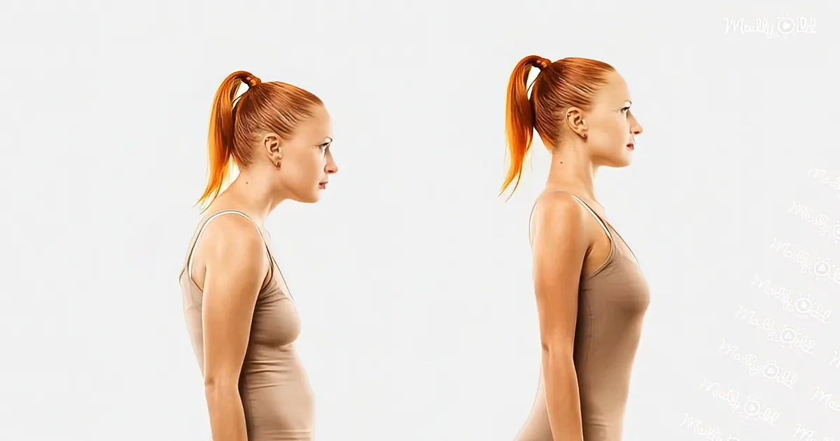 A woman with red hair in a ponytail, wearing a beige tank top, is shown in two side profiles, one with a slouched posture...