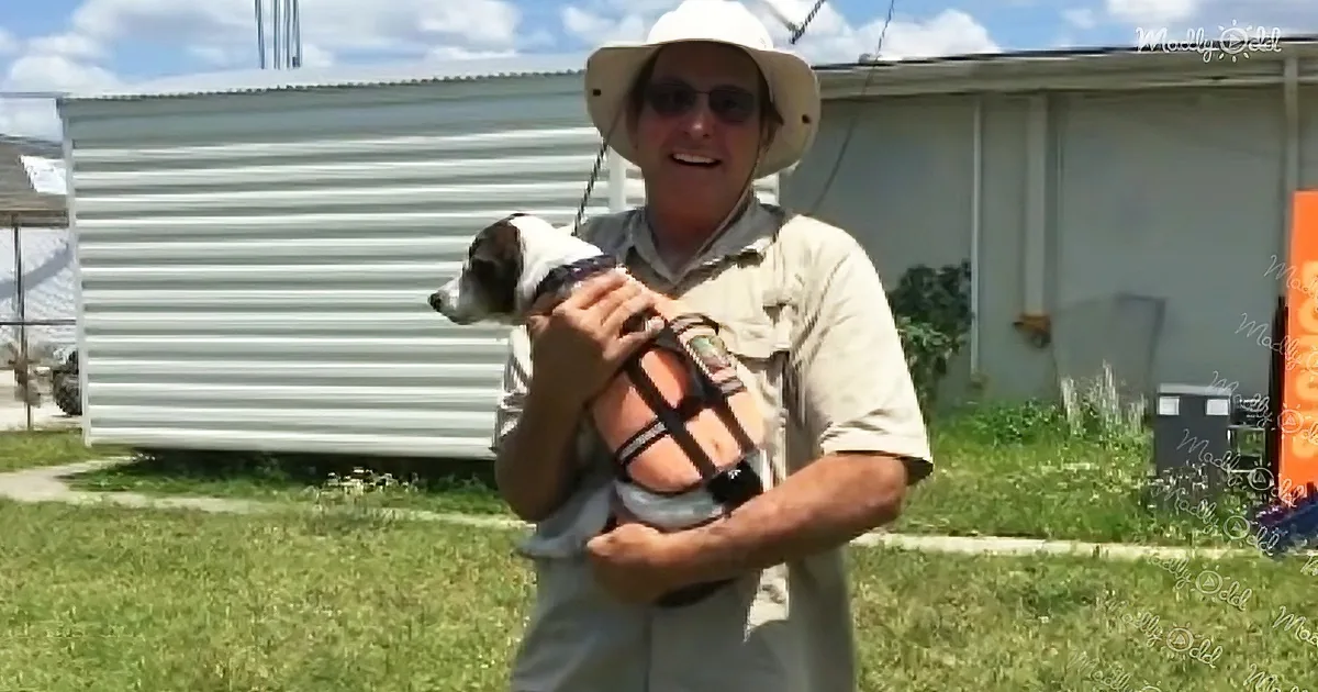 A man in a hat and sunglasses holds a small dog wearing a life vest, standing outdoors near a white shed.