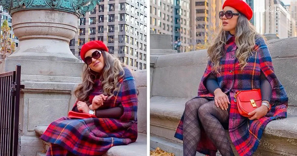 A woman in a red plaid coat and beret poses in two urban settings, one with a stone pillar and the other on a stone bench.