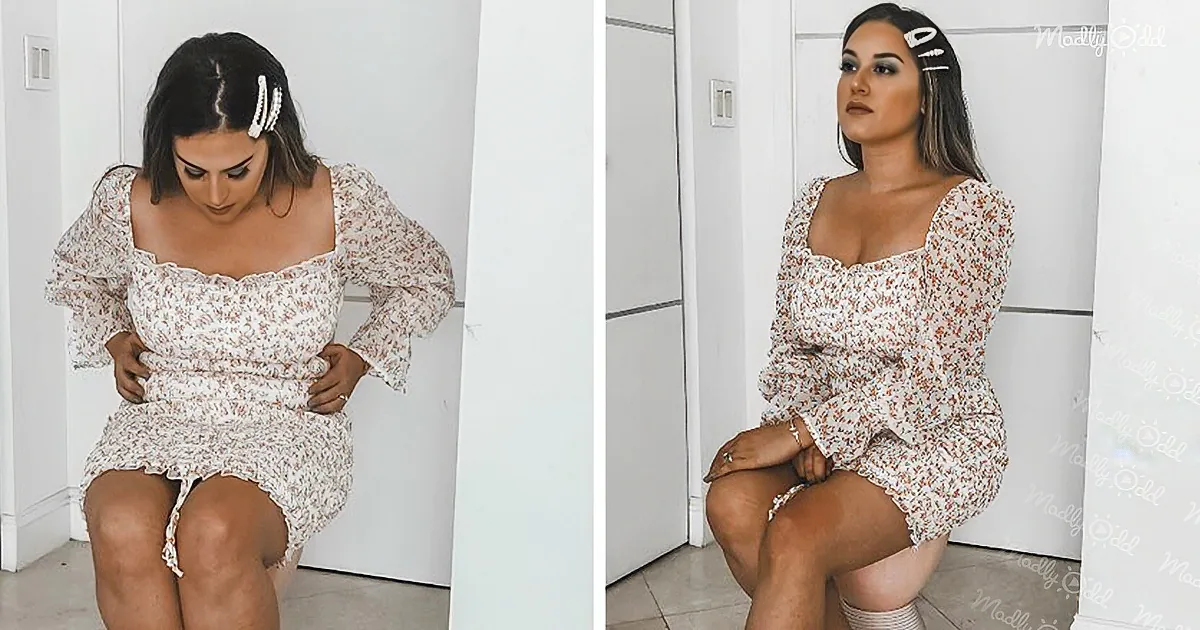 A woman in a white floral dress with puffed sleeves poses in two different angles against a white wall.