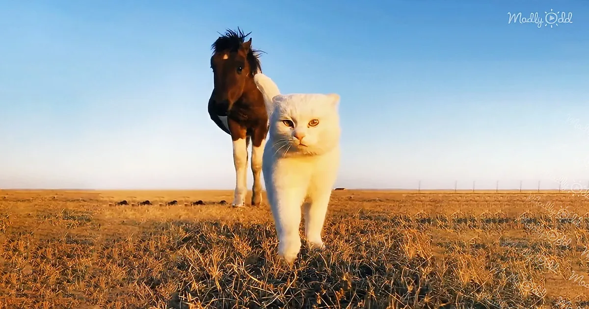 A white cat and a brown horse stand side by side in a vast, open field under a clear blue sky.