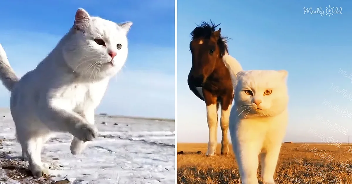 A white cat stands on a sandy beach, then walks towards a horse in a field under a clear blue sky.