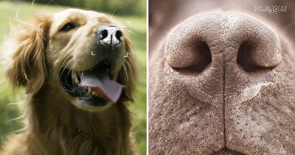 A golden retriever's face and a close-up of its nose are shown side by side.