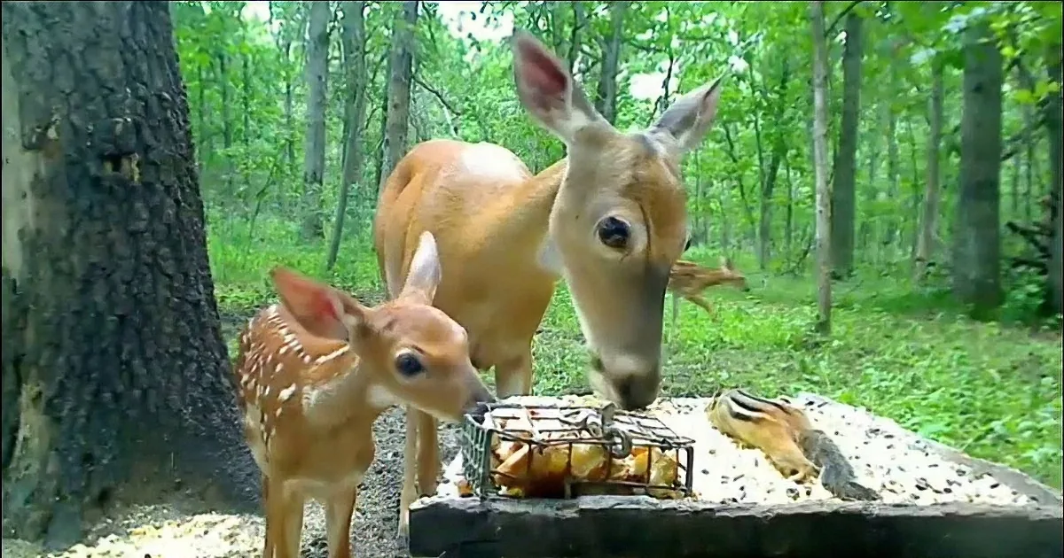 A fawn and its mother share a meal with a chipmunk at a forest feeder.