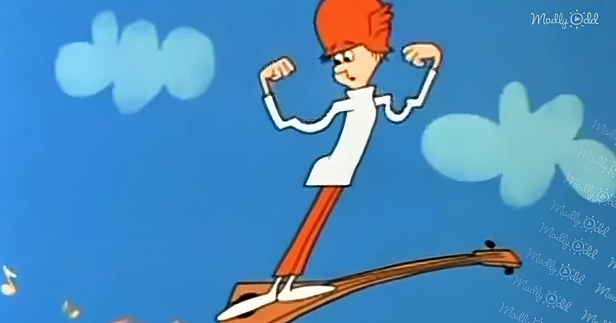 A cartoon character with red hair and glasses rides a broomstick, flexing muscles against a blue sky with clouds.