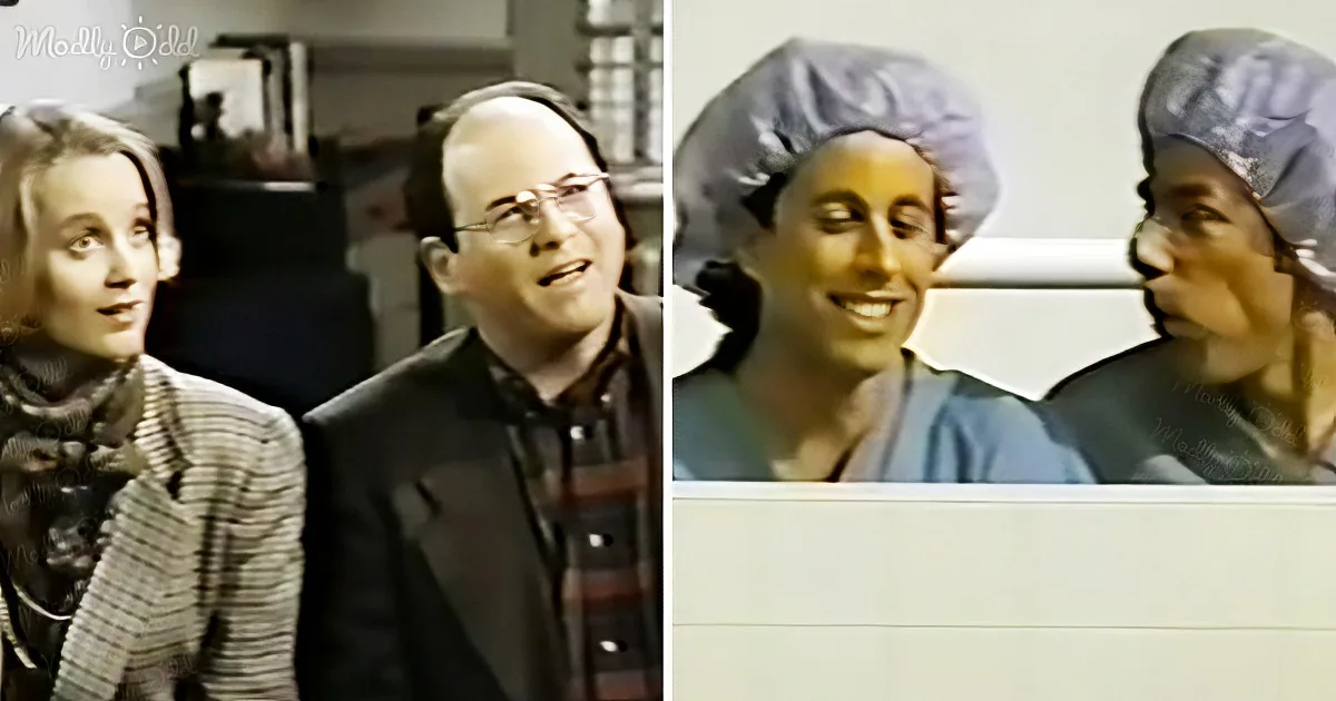 A man in a suit and glasses stands next to a woman in a striped coat, while two individuals in surgical caps and scrubs...