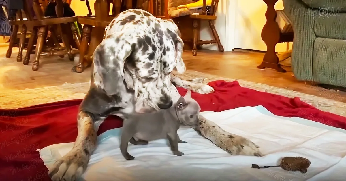 A large spotted dog and a small gray kitten interact on a red blanket in a cozy room.