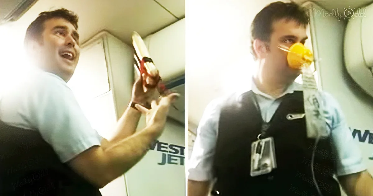 A man in a WestJet uniform is holding a toy gun and appears to be in a playful or dramatic situation.