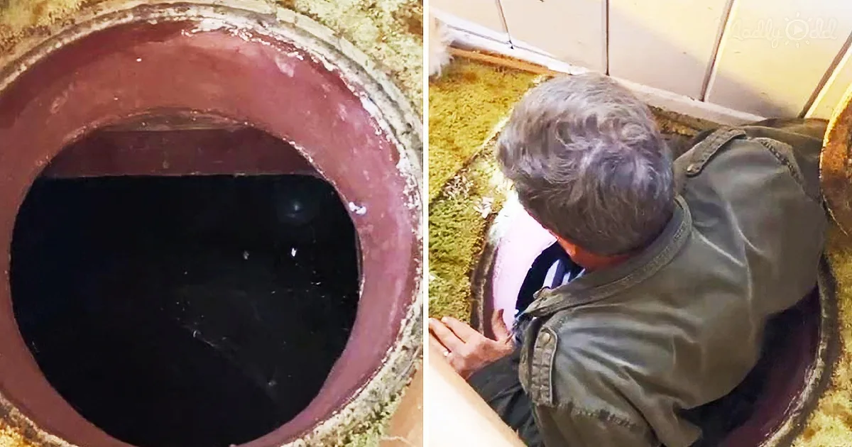 A man is inspecting a large, circular, dark hole in the ground, possibly a well or septic tank.