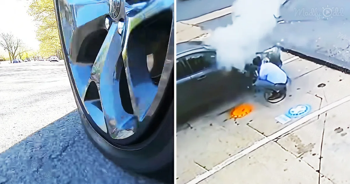 A car's front bumper is detached, exposing the engine, with smoke and debris visible.