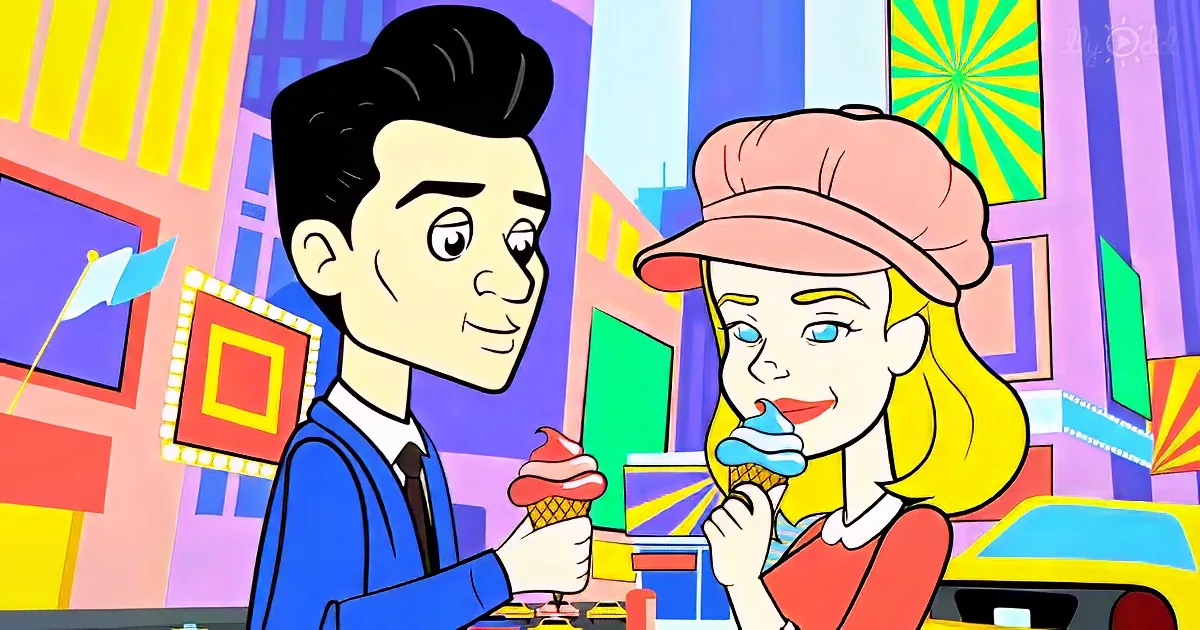 A man and woman share ice cream in a colorful, cartoon-style cityscape.