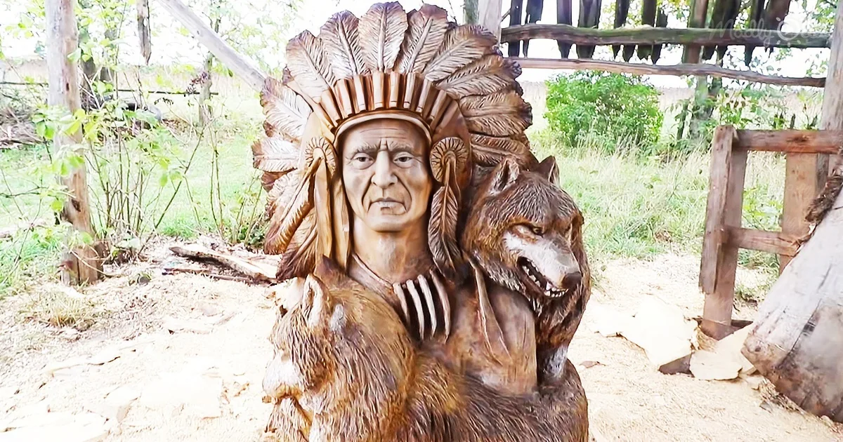 Wood Carver Makes Impressive Art of Native American With Wolves