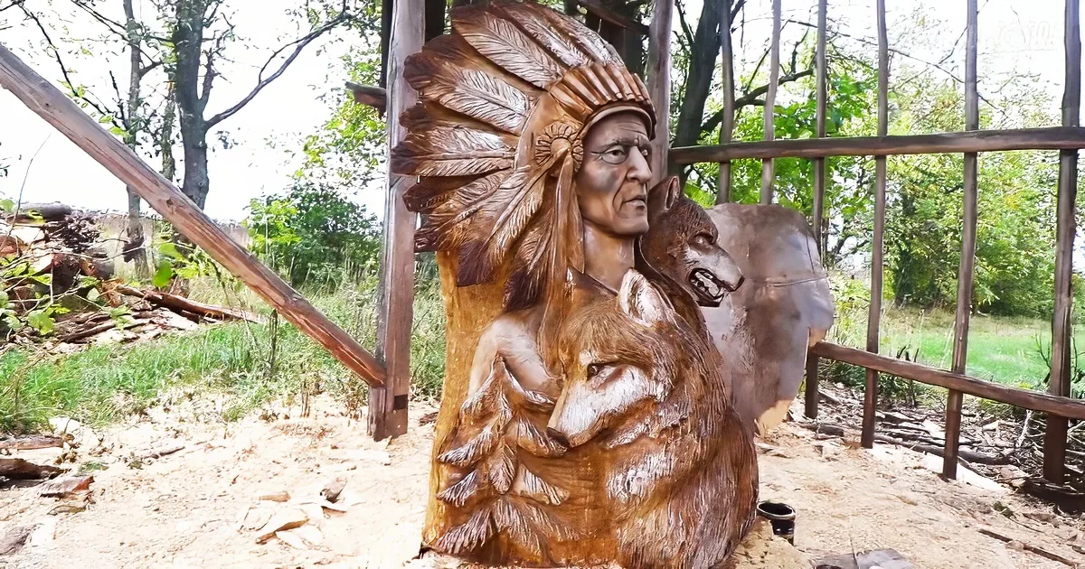 Native American with wolves wood art created entirely with chainsaw