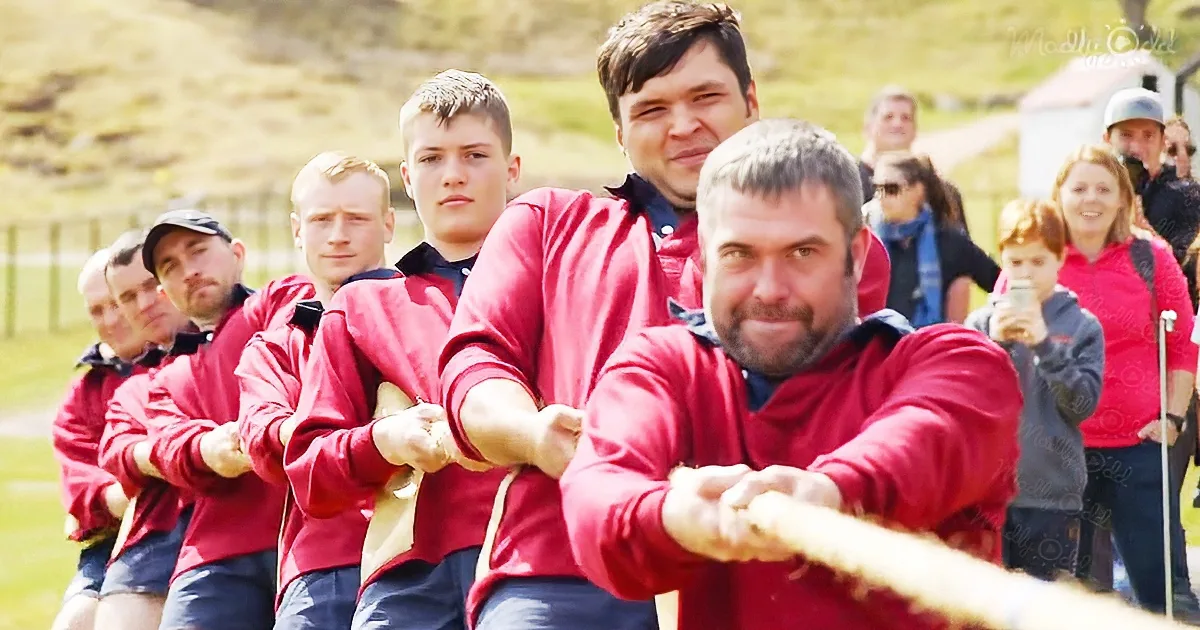 4 burly strongmen face a team of 8 professional tug-of-war champions