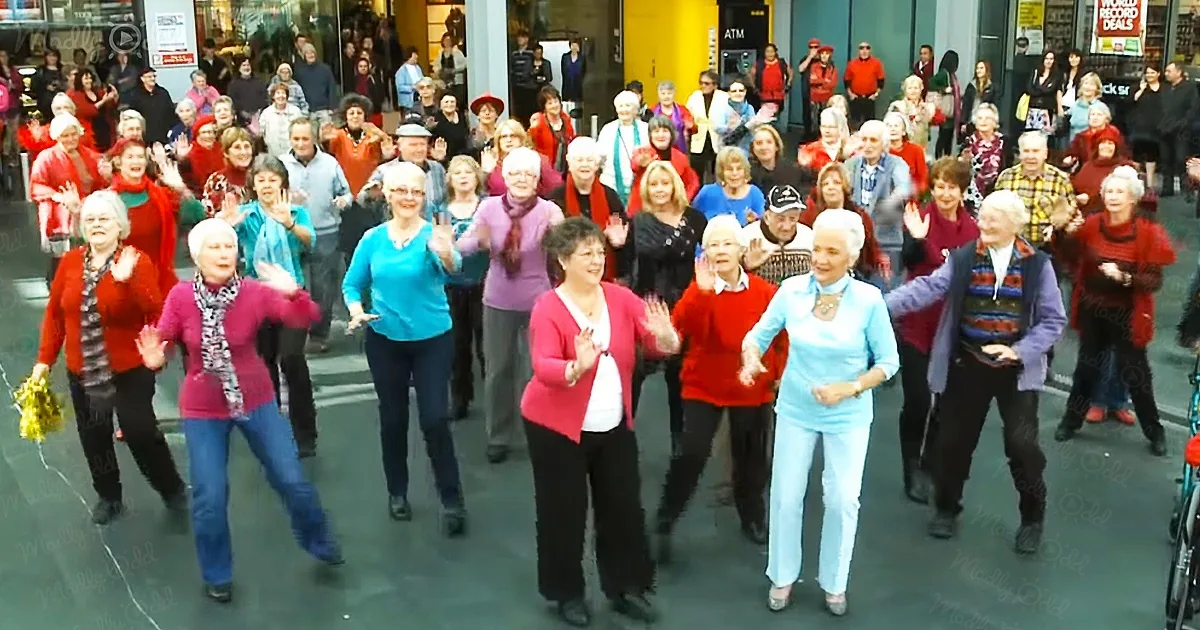 An elderly group of people surprise everyone with a flash mob