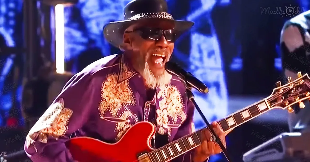 A man in a purple shirt and hat plays a red guitar on stage, singing into a microphone.