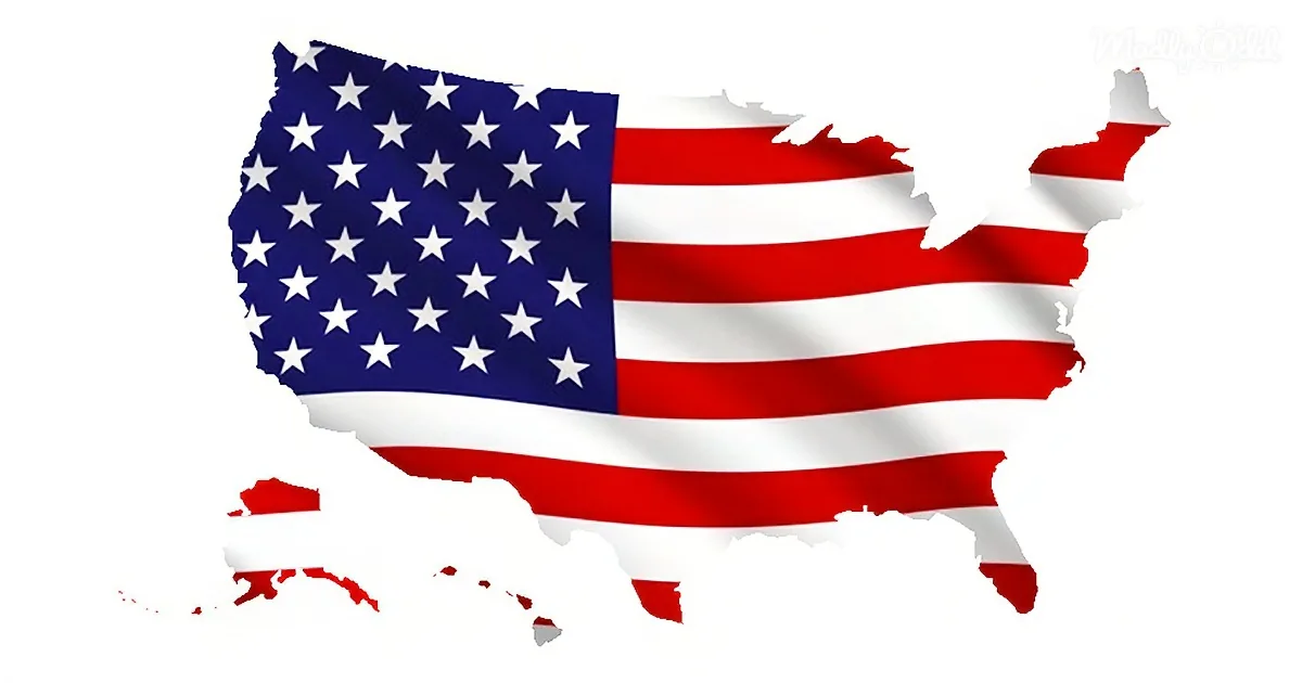 A map of the United States with the American flag design, featuring stars and stripes.