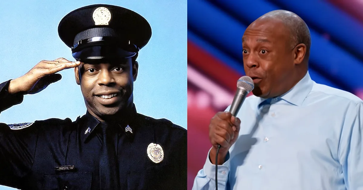 A man in a police uniform saluting and another man speaking into a microphone.