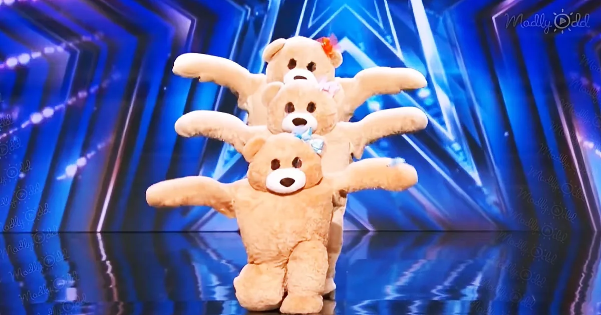 Four teddy bears stacked in a pyramid on a reflective stage with blue lighting.