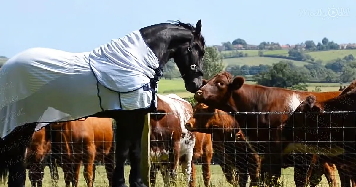 A horse in a white blanket leans over a fence to nuzzle a brown cow.