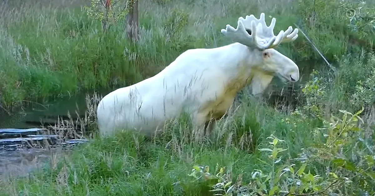 A white moose with large antlers stands in a grassy area near a body of water.