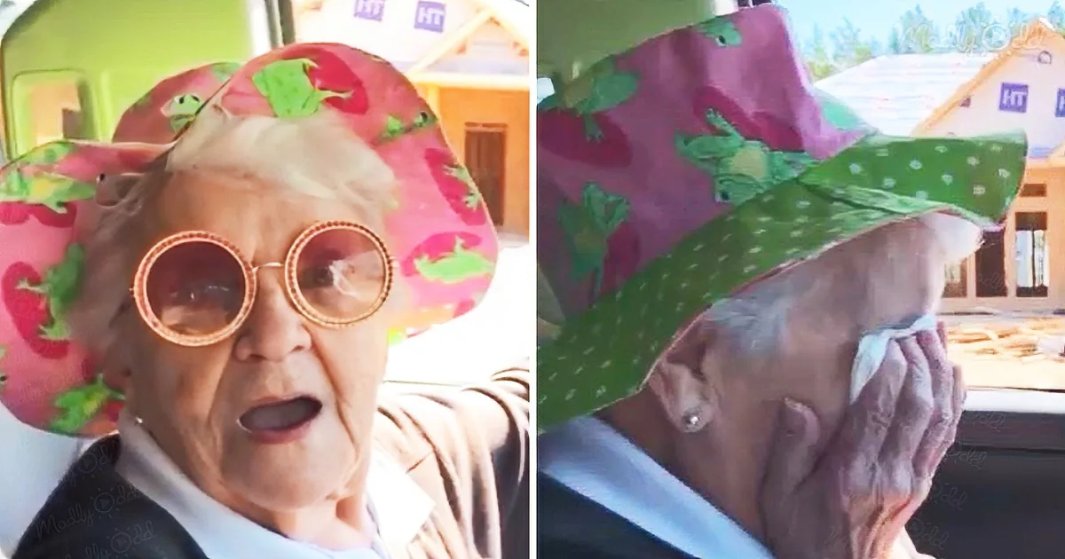 An elderly woman wearing a colorful hat with frogs and large round glasses is seen in two different frames.