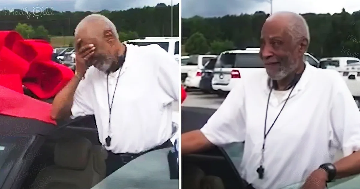 An older man in a white shirt reacts with surprise and amusement in a parking lot.