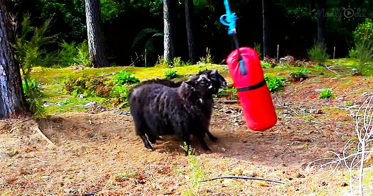 A black sheep stands in a forest, facing a red punching bag hanging from a tree.