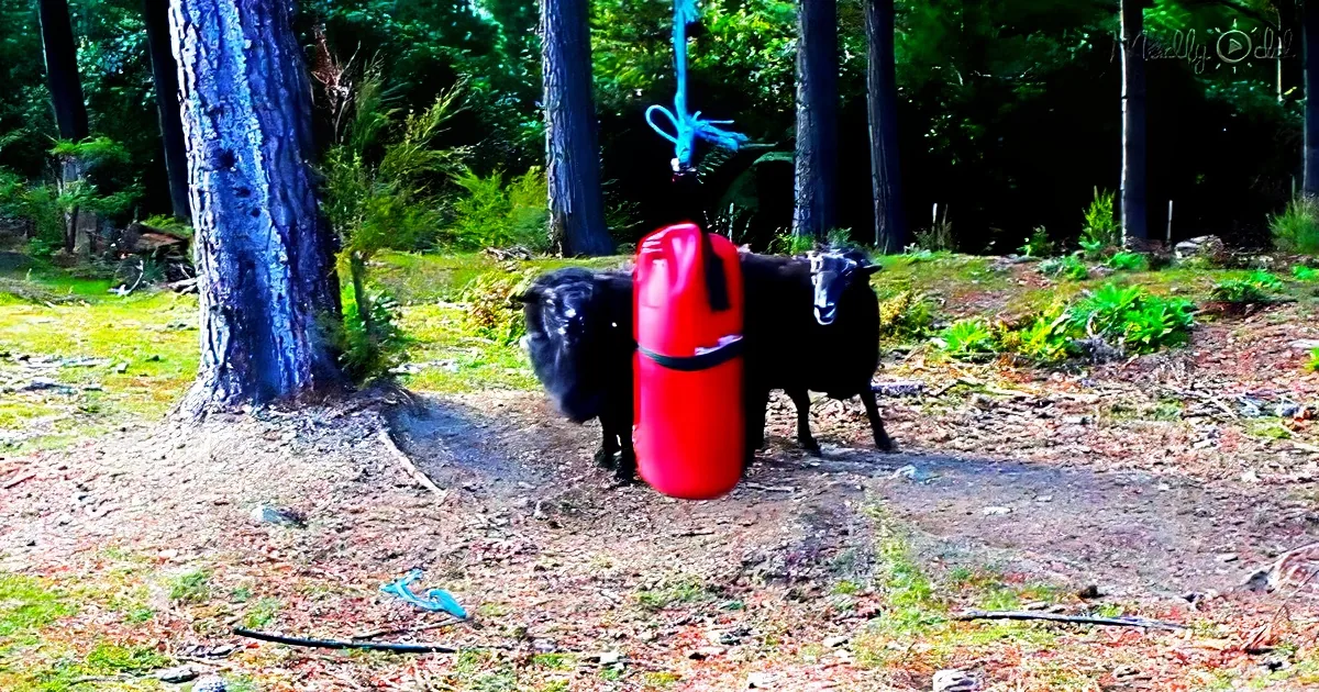 Man hangs punching bag in forest for goat