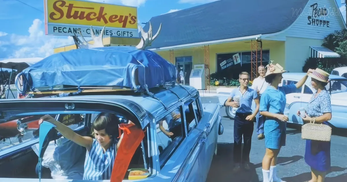 A vintage car with a blue tarp and deer antlers on top is parked in front of a Stuckey's shop.