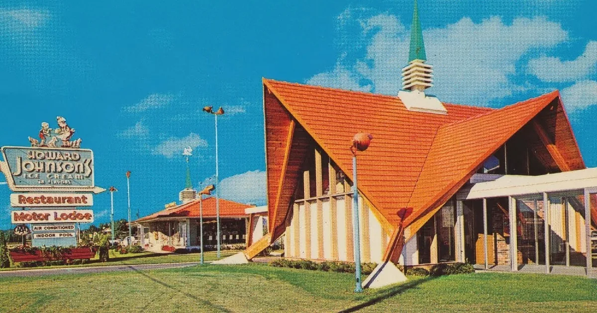 Howard Johnson's Motor Lodge with a distinctive orange roof and palm trees in the background.