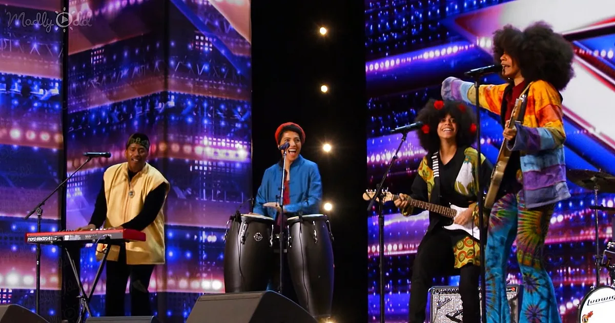 A group of musicians performs on stage with colorful lighting and instruments.