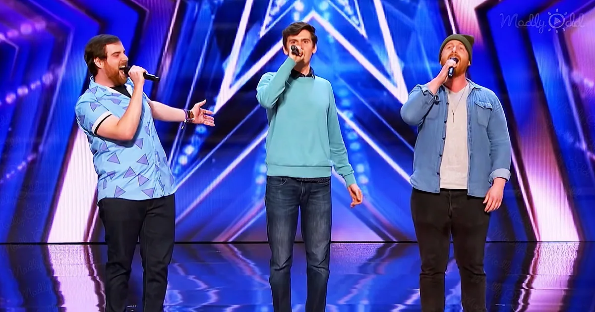 Three men singing on stage with microphones, wearing casual outfits, against a vibrant blue background.