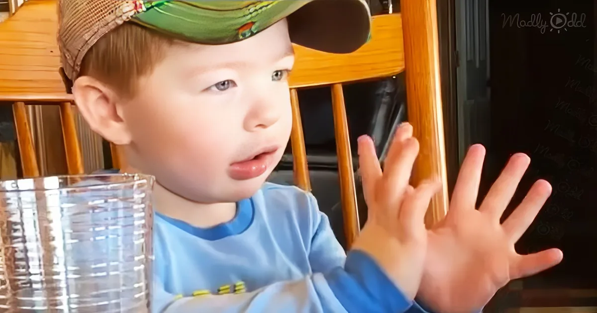 A young boy wearing a cap and blue shirt is gesturing with his hands while sitting at a table.