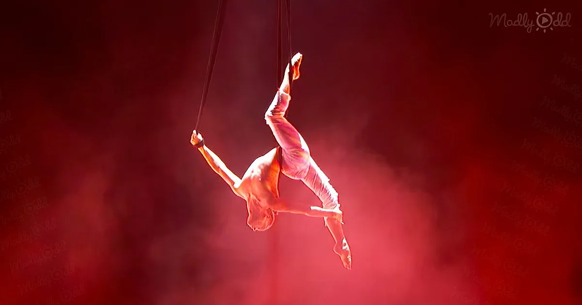 A performer is suspended in mid-air, upside down, on a trapeze, with a red background.
