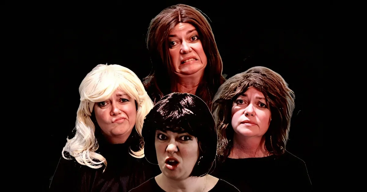 Four women with different hairstyles and expressions stand together against a dark background.