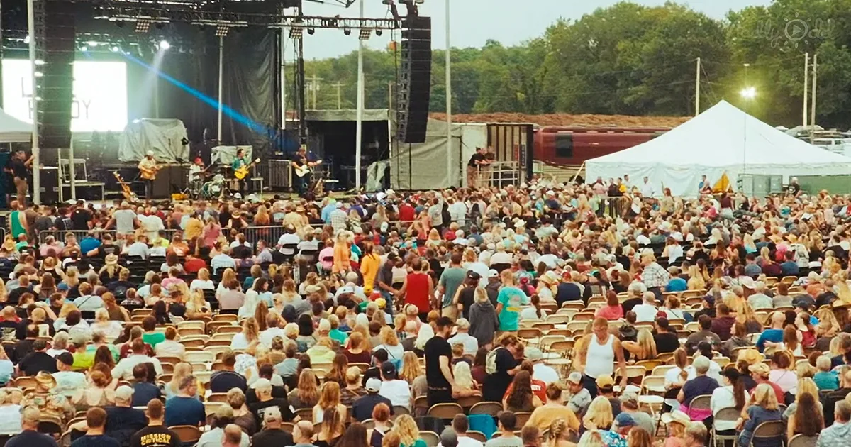 A large crowd gathers at an outdoor concert with a stage and musicians performing.