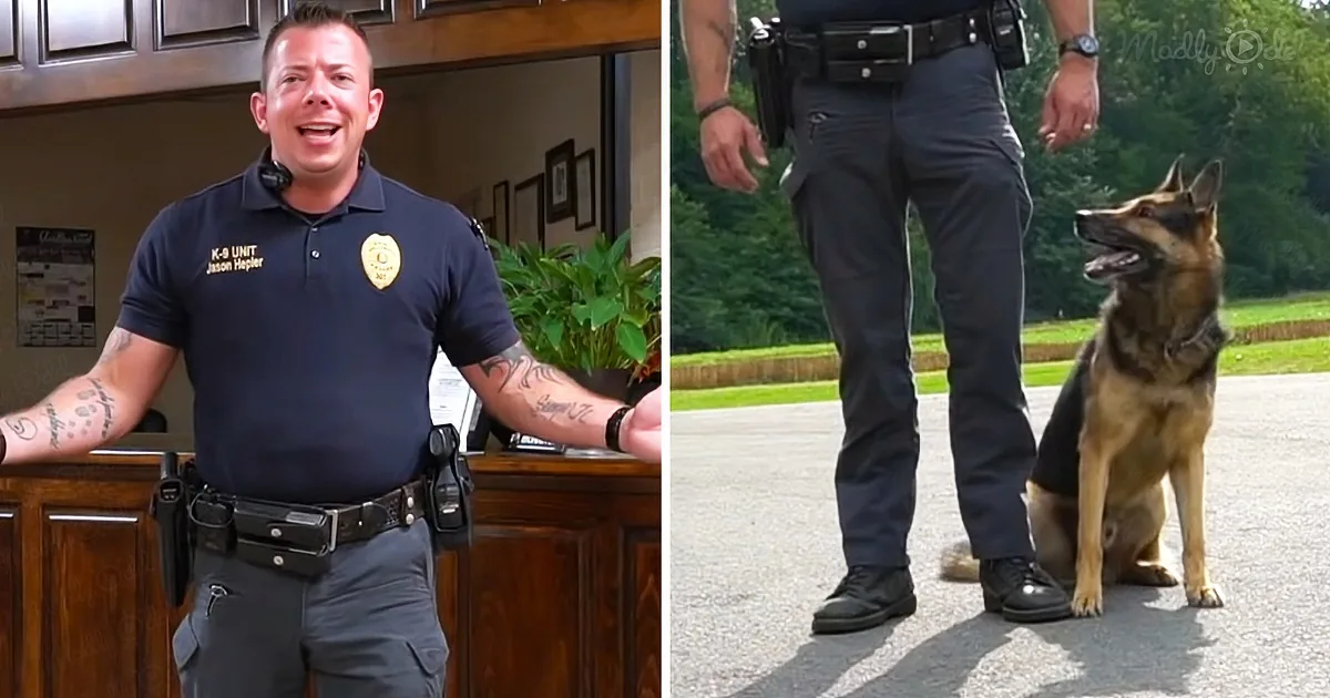A police officer in uniform stands indoors, smiling, with a K-9 unit dog sitting outdoors beside him.