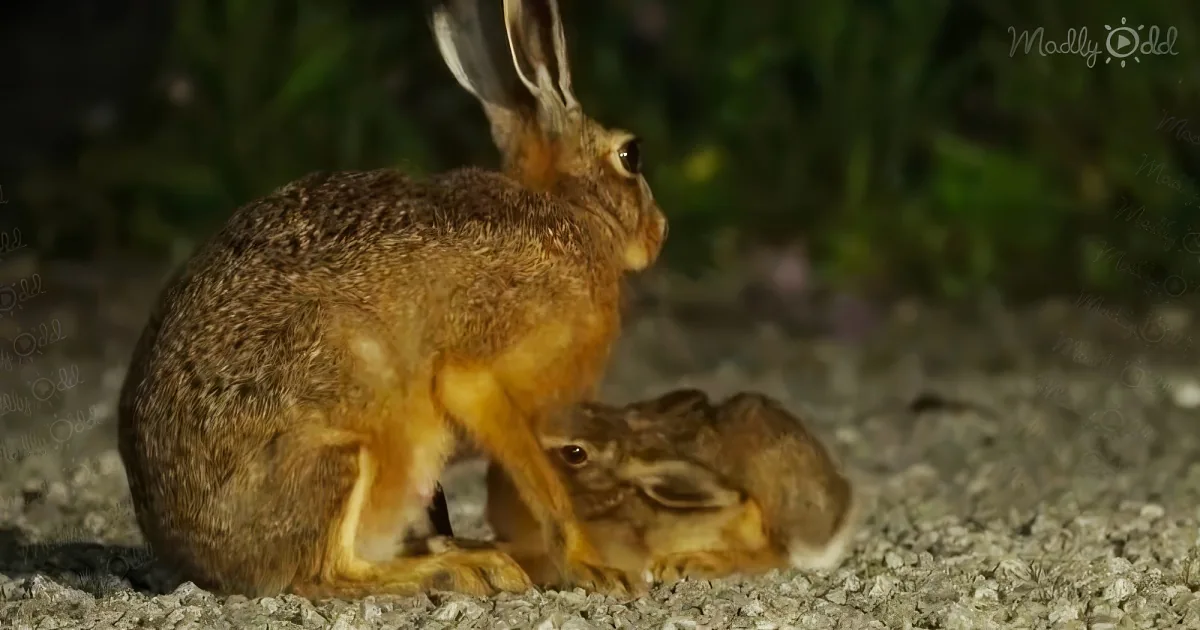 Mother hare raises an adorable baby leveret