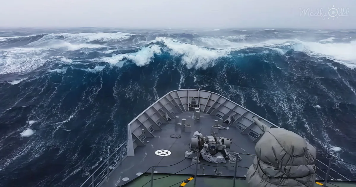 Warship wacked by a colossal wave