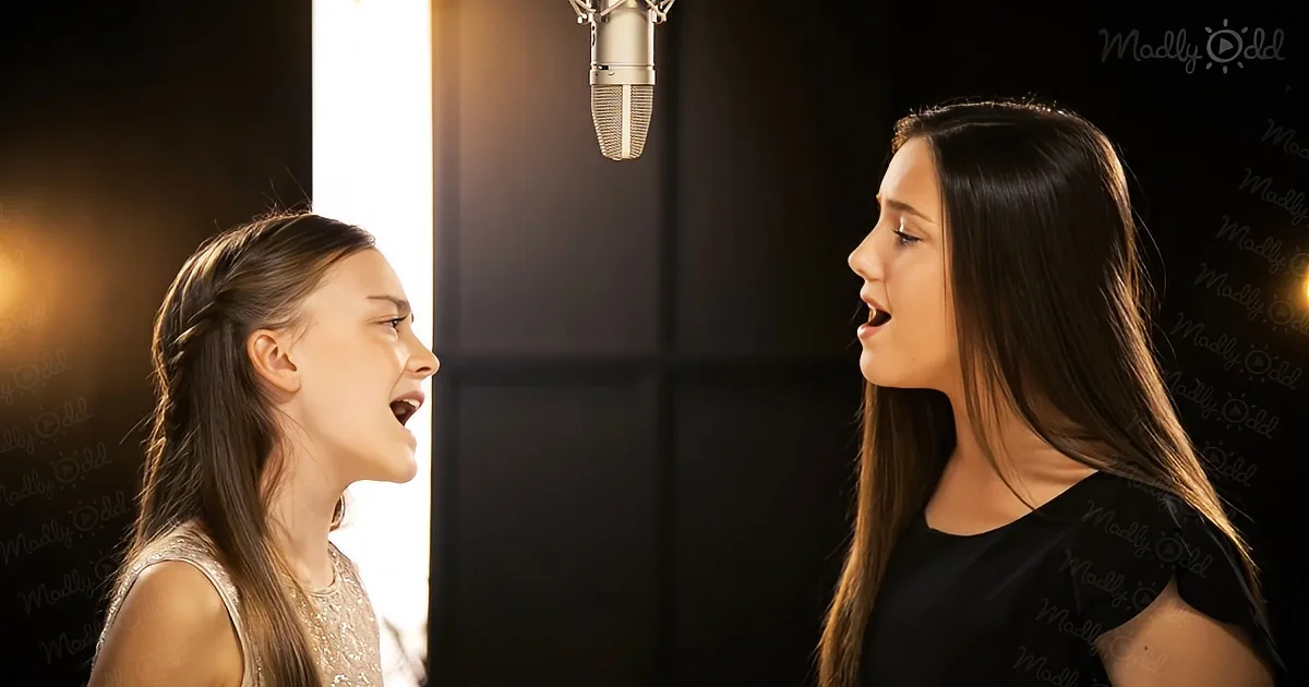 Two young girls sing into a microphone in a recording studio with warm lighting.