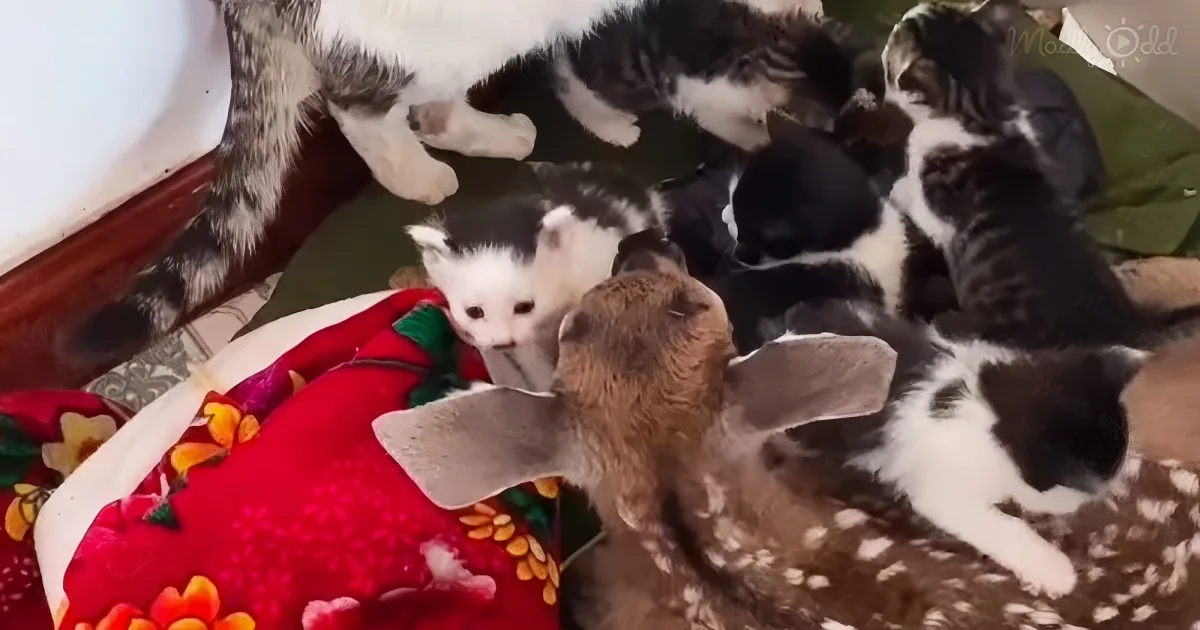 baby deer and curious kittens