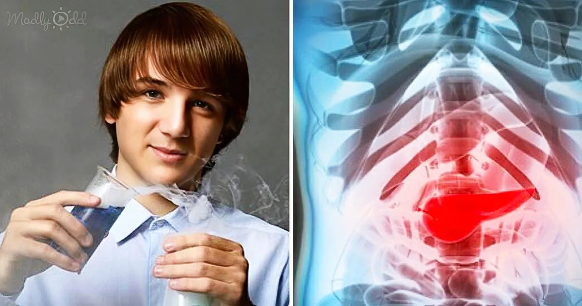 A young man in a white shirt holds a transparent object, while an x-ray-like image shows a red heart and surrounding anatomy.
