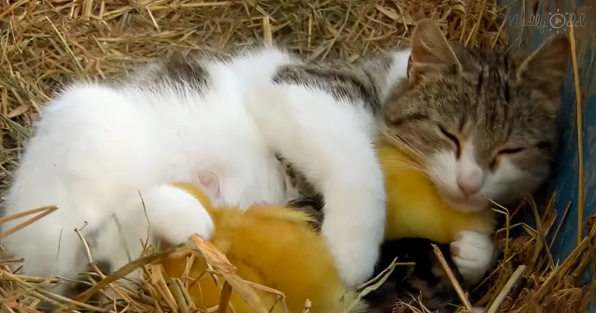 Baby ducklings and cat