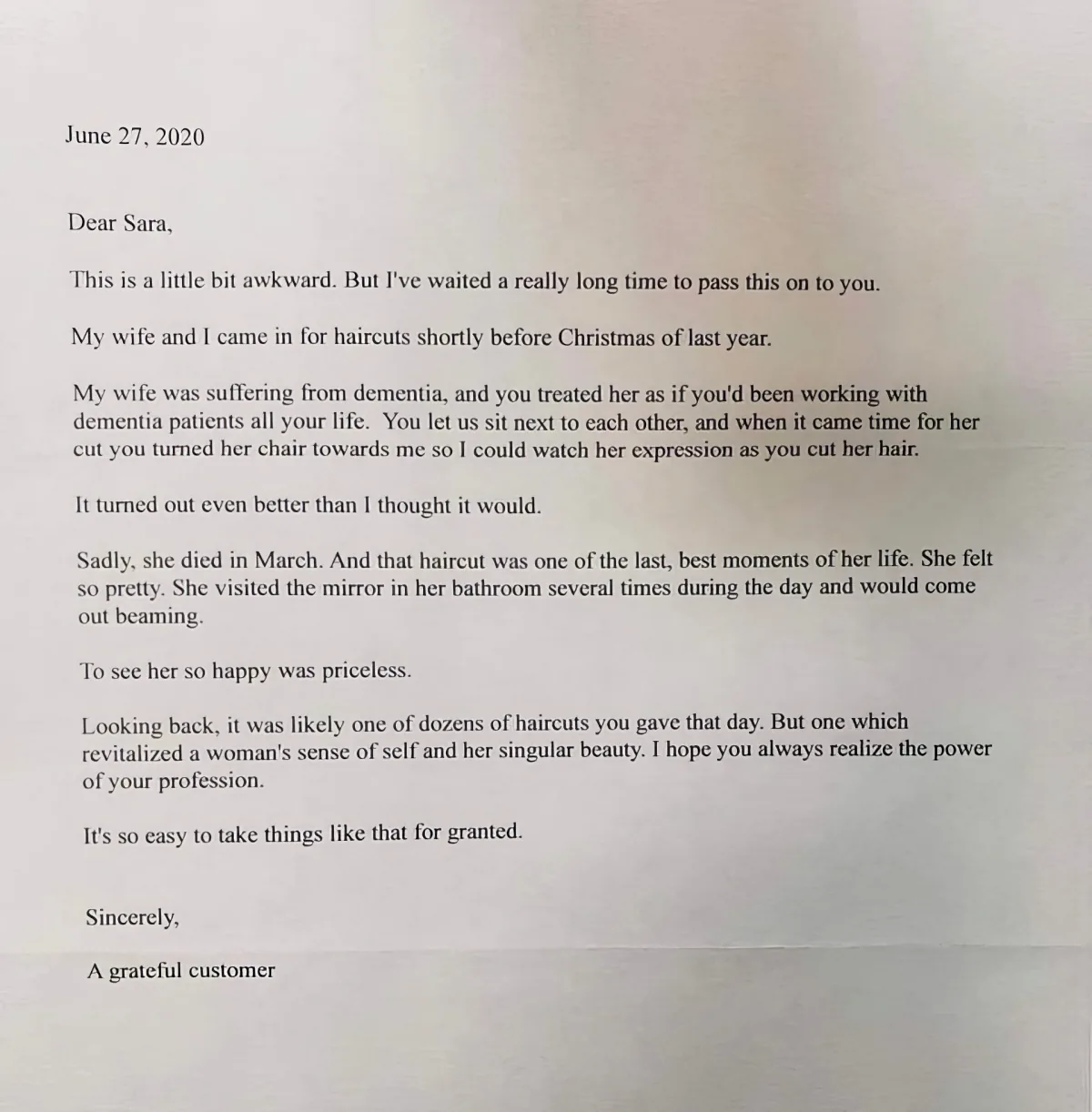 A heartfelt letter to a hairdresser expressing gratitude for a touching moment during a wife's final haircut...