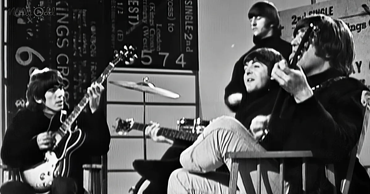 A black-and-white image shows a group of musicians playing instruments, with one person singing and another playing a guitar.